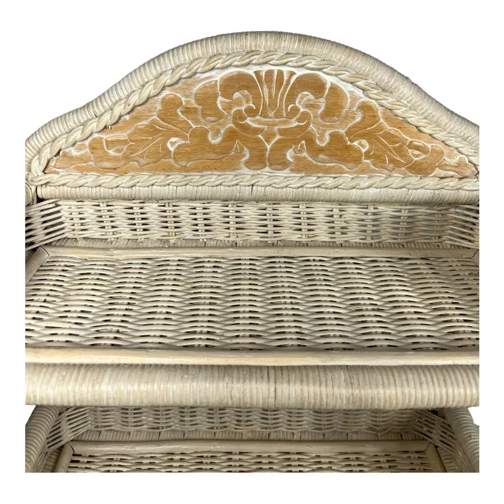 Vintage Cream and Gold Wicker Two-Tier Shelf